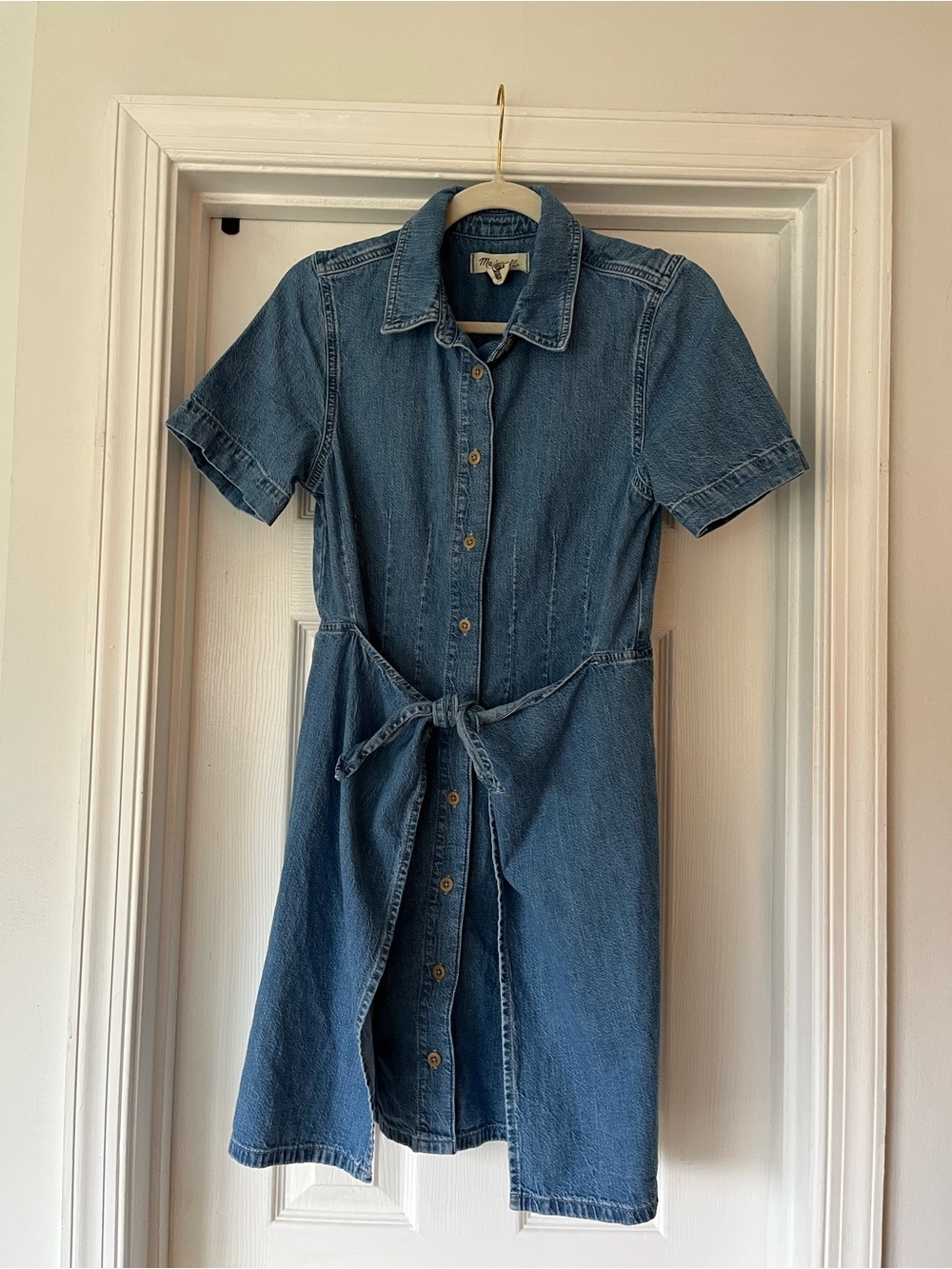 Madewell Blue Short-Sleeve Denim Self Tie Mini Dress